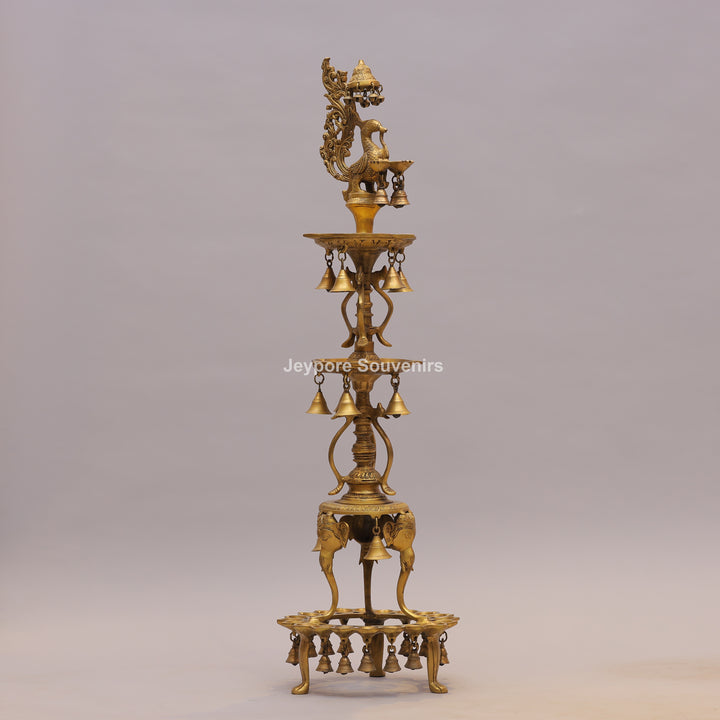 Grand Traditional Brass Peacock Lamp with Hanging Bells