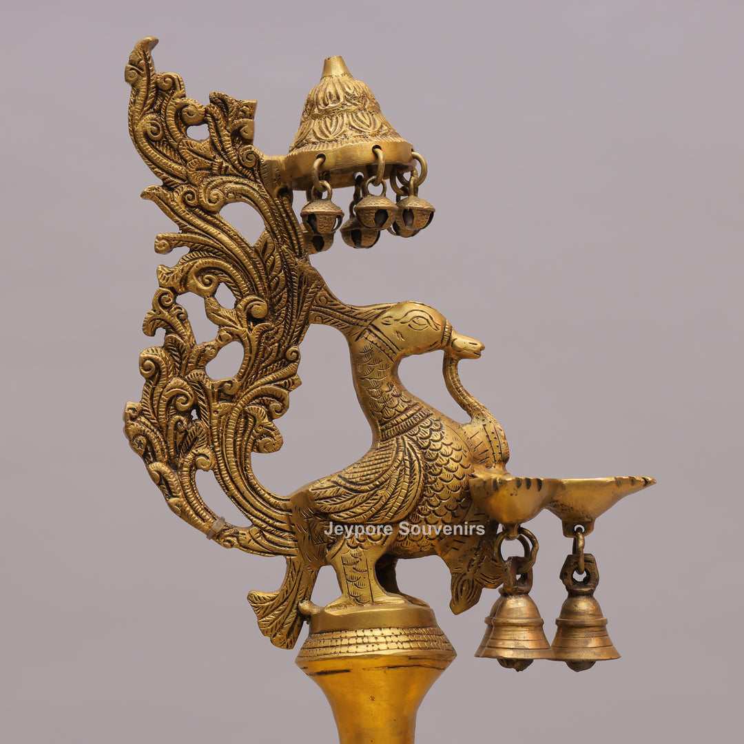 Grand Traditional Brass Peacock Lamp with Hanging Bells