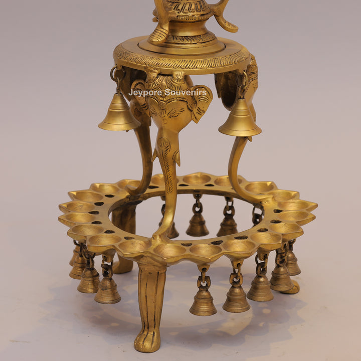 Grand Traditional Brass Peacock Lamp with Hanging Bells