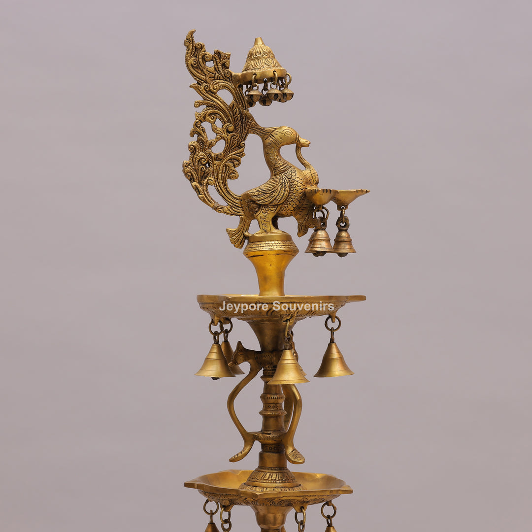 Grand Traditional Brass Peacock Lamp with Hanging Bells
