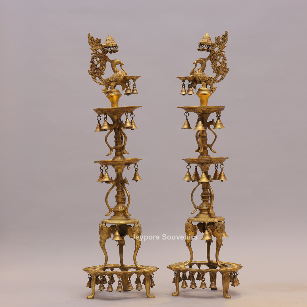 Grand Traditional Brass Peacock Lamp with Hanging Bells