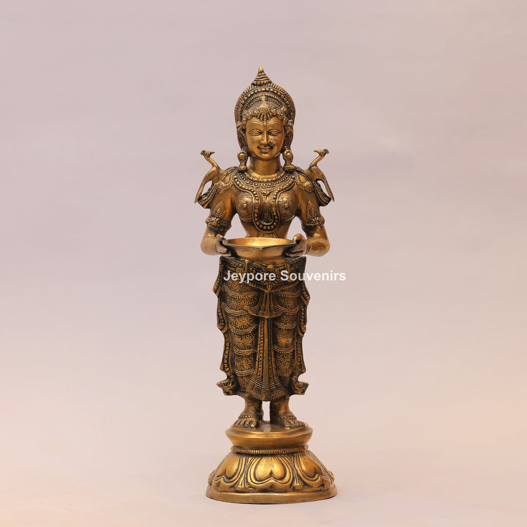 31" Handcrafted Brass Standing Deeplakshmi Oil Lamp Statue