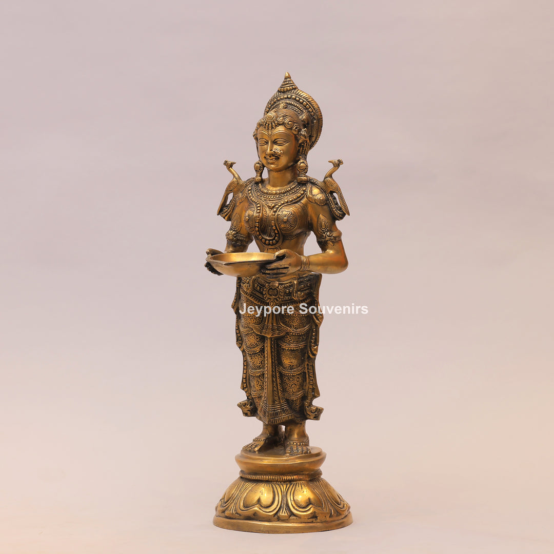 31" Handcrafted Brass Standing Deeplakshmi Oil Lamp Statue