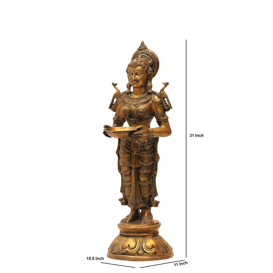 31" Handcrafted Brass Standing Deeplakshmi Oil Lamp Statue