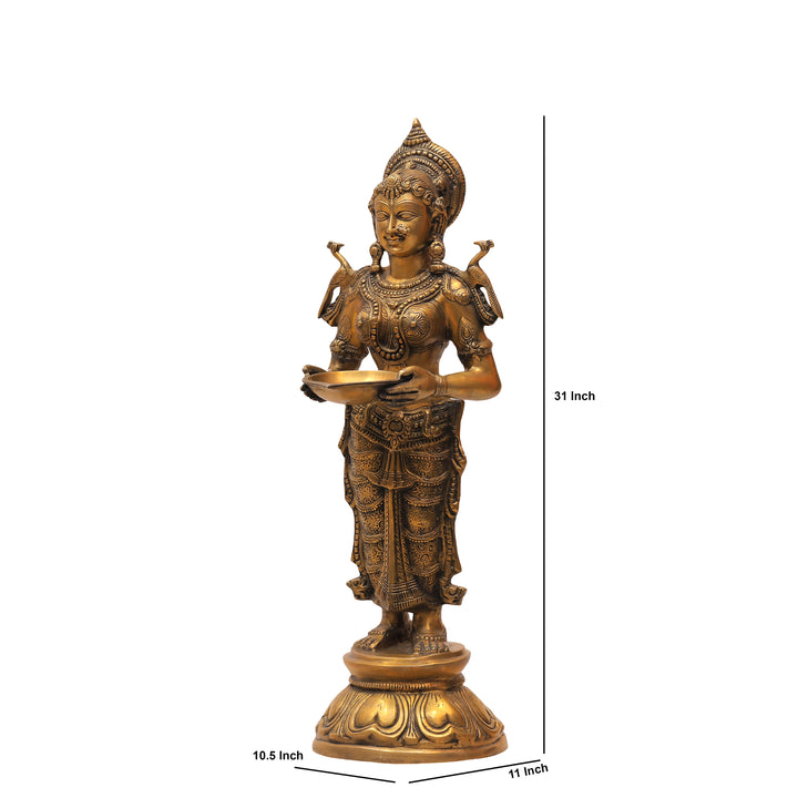 31" Handcrafted Brass Standing Deeplakshmi Oil Lamp Statue