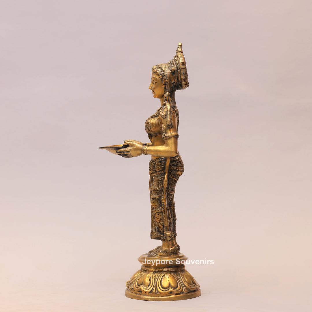 31" Handcrafted Brass Standing Deeplakshmi Oil Lamp Statue