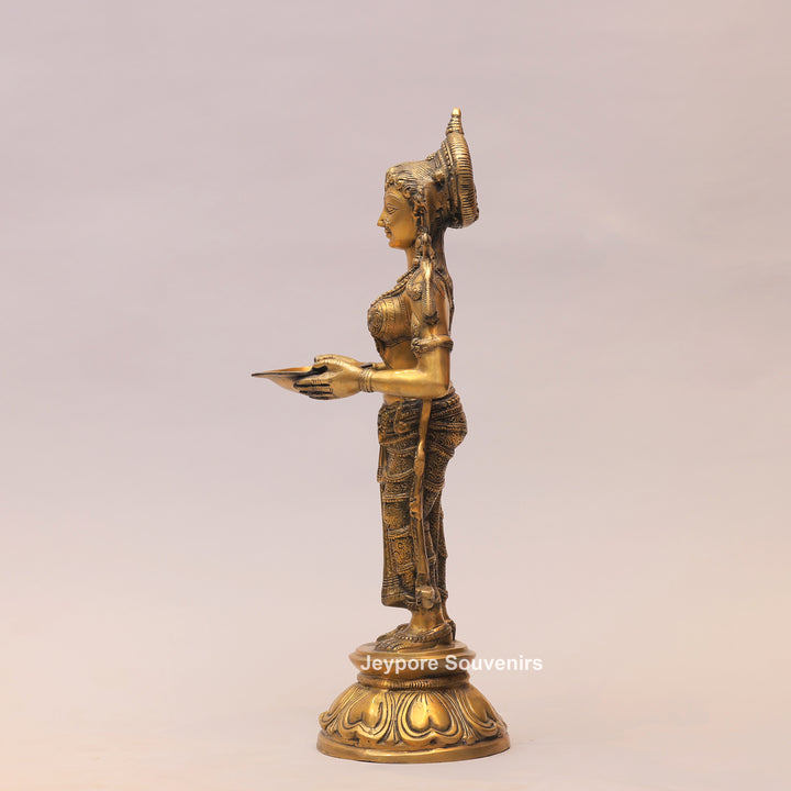 31" Handcrafted Brass Standing Deeplakshmi Oil Lamp Statue