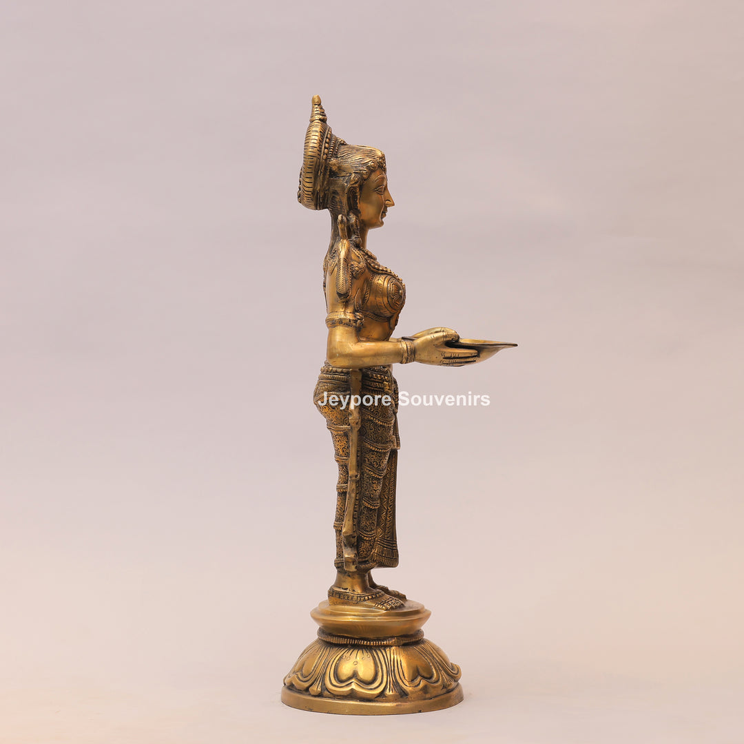 31" Handcrafted Brass Standing Deeplakshmi Oil Lamp Statue
