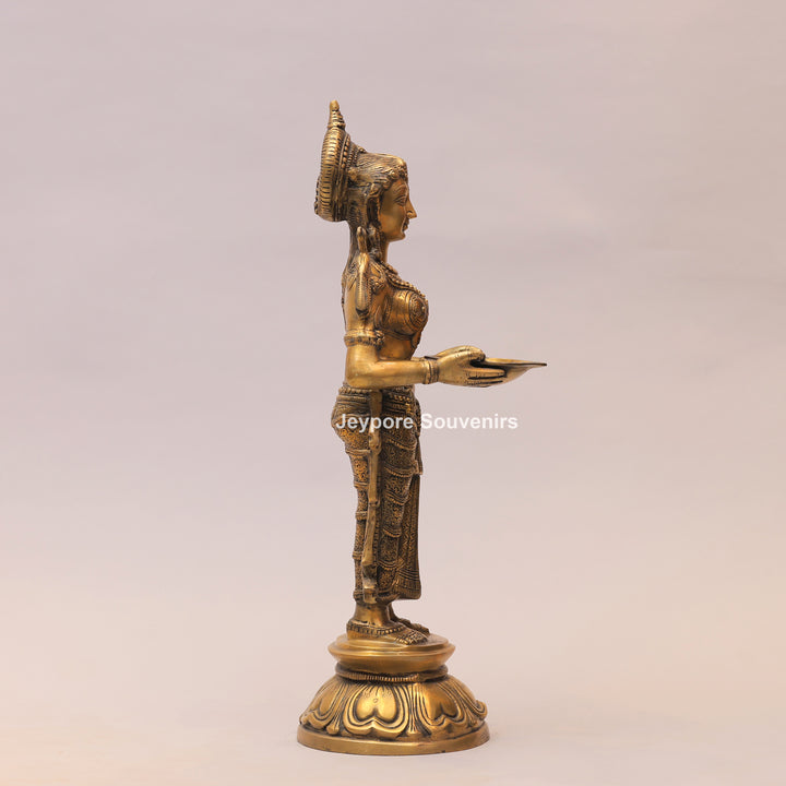 31" Handcrafted Brass Standing Deeplakshmi Oil Lamp Statue