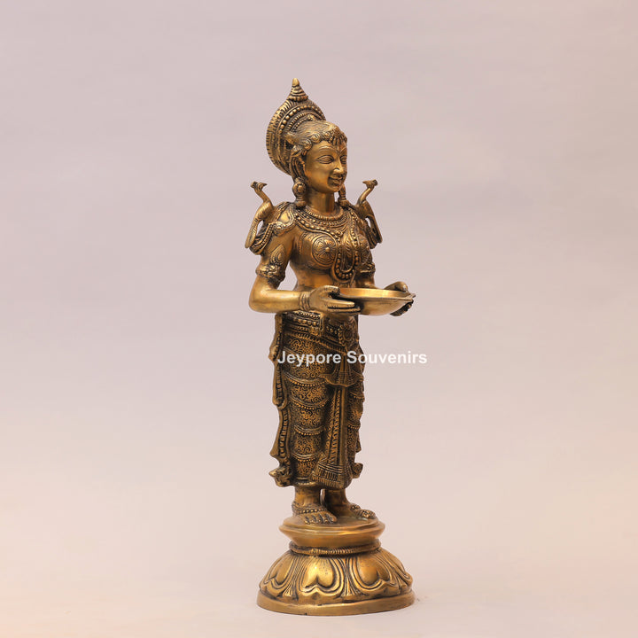 31" Handcrafted Brass Standing Deeplakshmi Oil Lamp Statue
