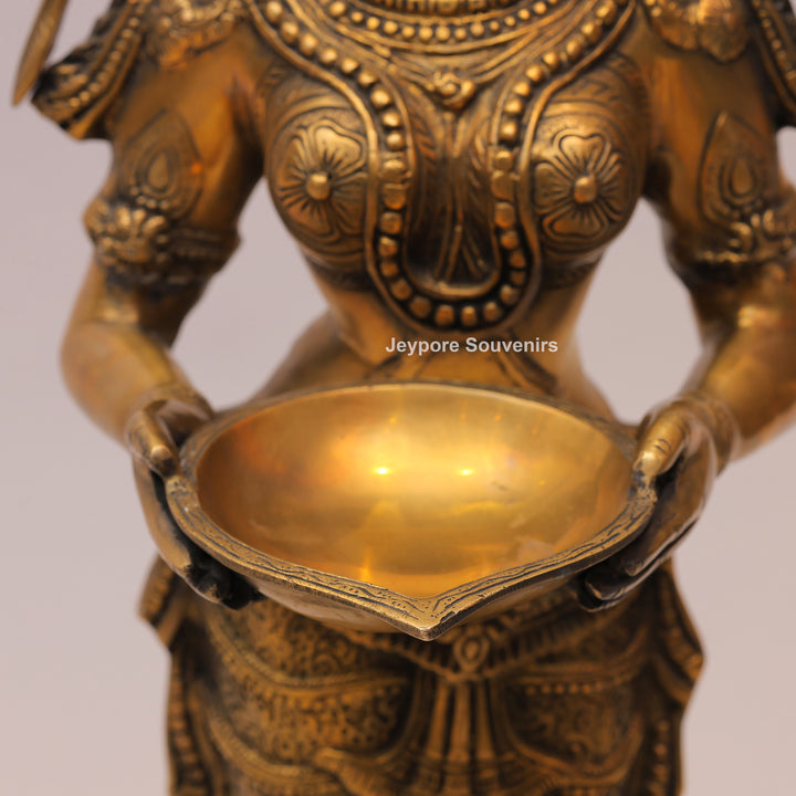31" Handcrafted Brass Standing Deeplakshmi Oil Lamp Statue