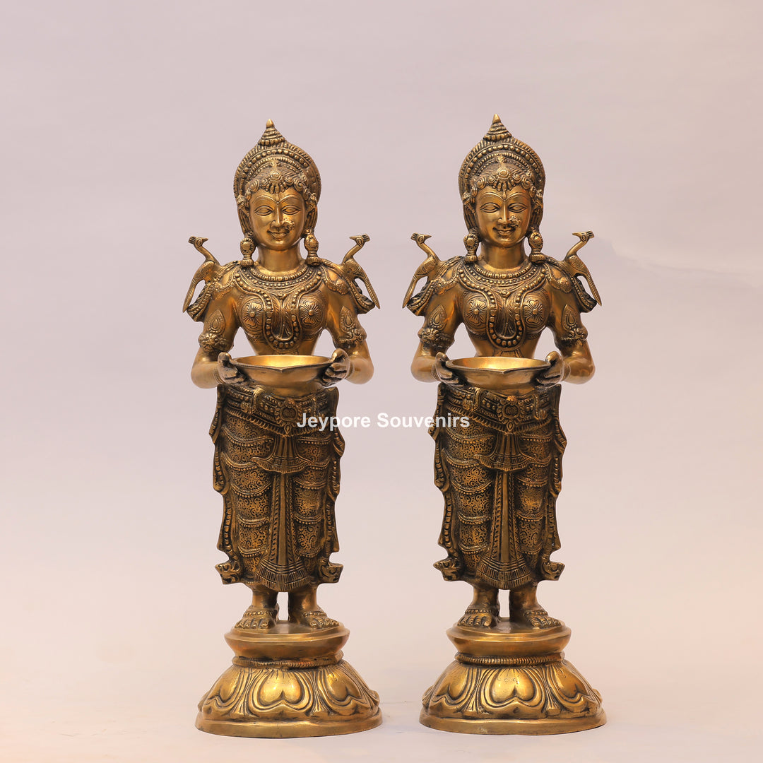31" Handcrafted Brass Standing Deeplakshmi Oil Lamp Statue