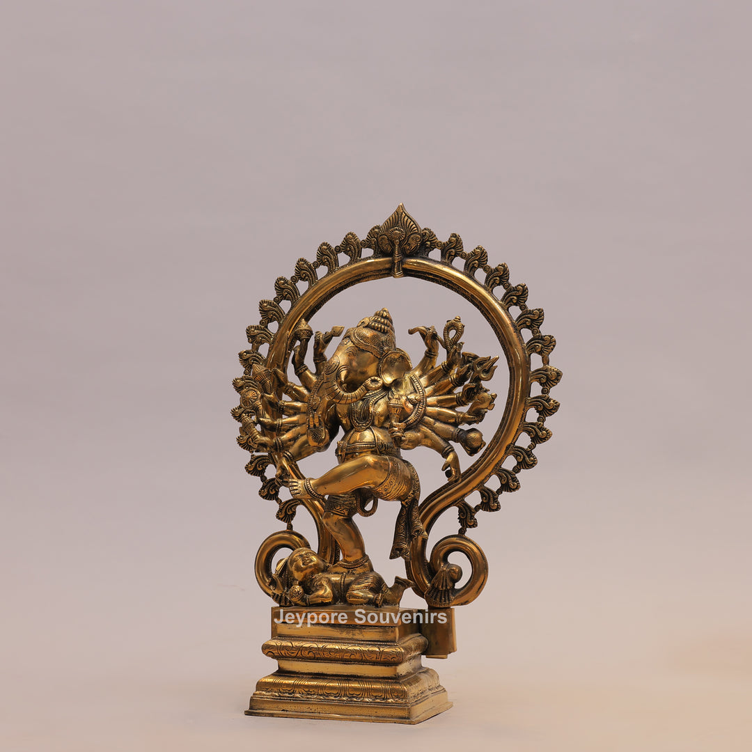25" Handcrafted Brass Dancing Ganesha Idol with Prabhavali Ring