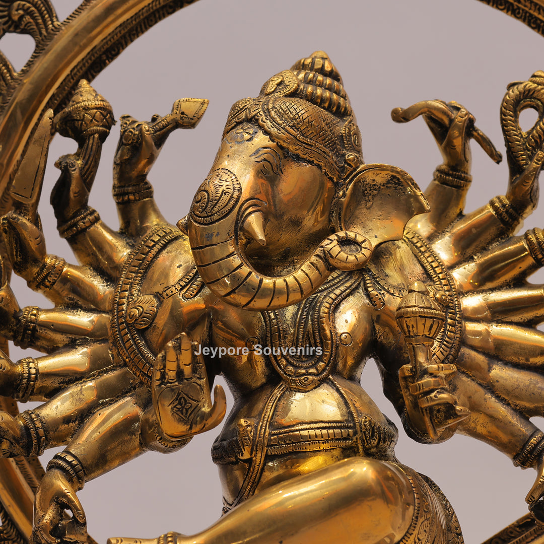 25" Handcrafted Brass Dancing Ganesha Idol with Prabhavali Ring