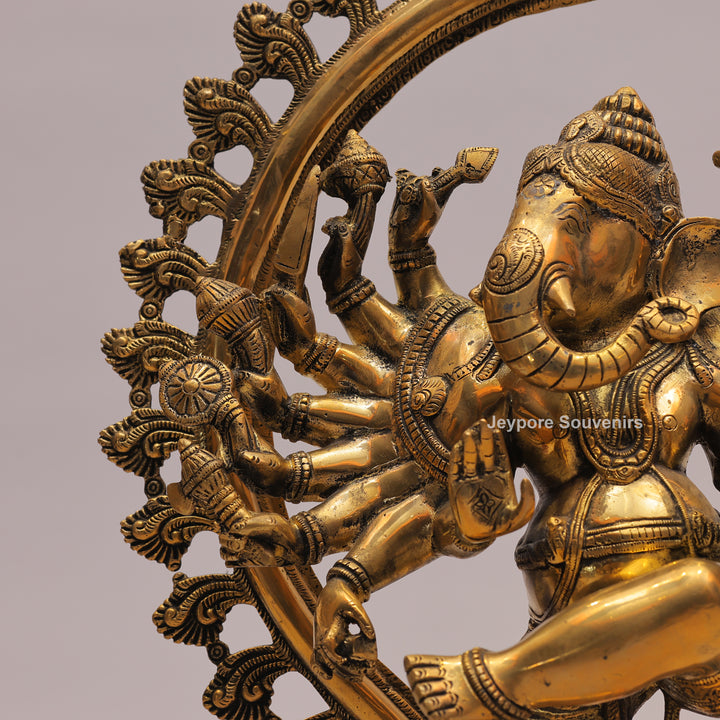 25" Handcrafted Brass Dancing Ganesha Idol with Prabhavali Ring