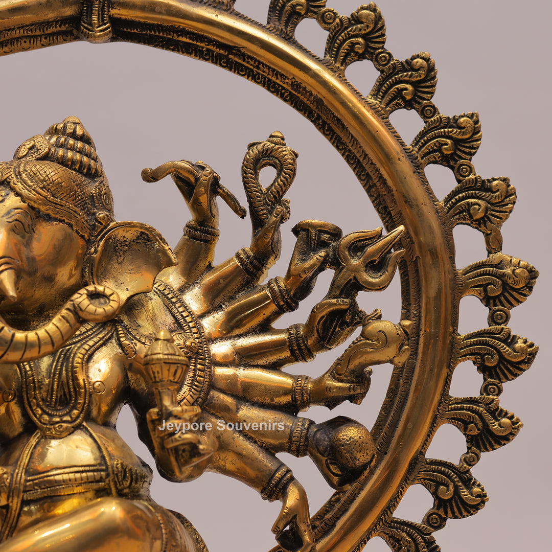 25" Handcrafted Brass Dancing Ganesha Idol with Prabhavali Ring
