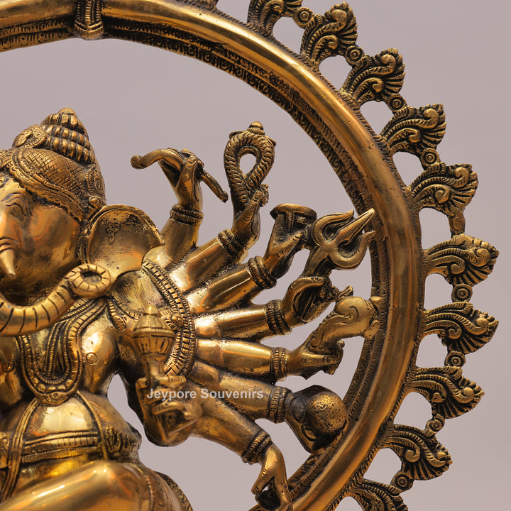 25" Handcrafted Brass Dancing Ganesha Idol with Prabhavali Ring