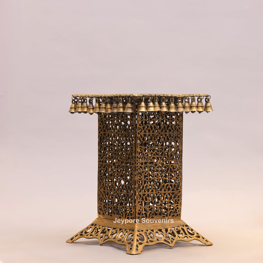 21" Handcrafted Brass Chowki Pedestal Stand with Hanging Bells