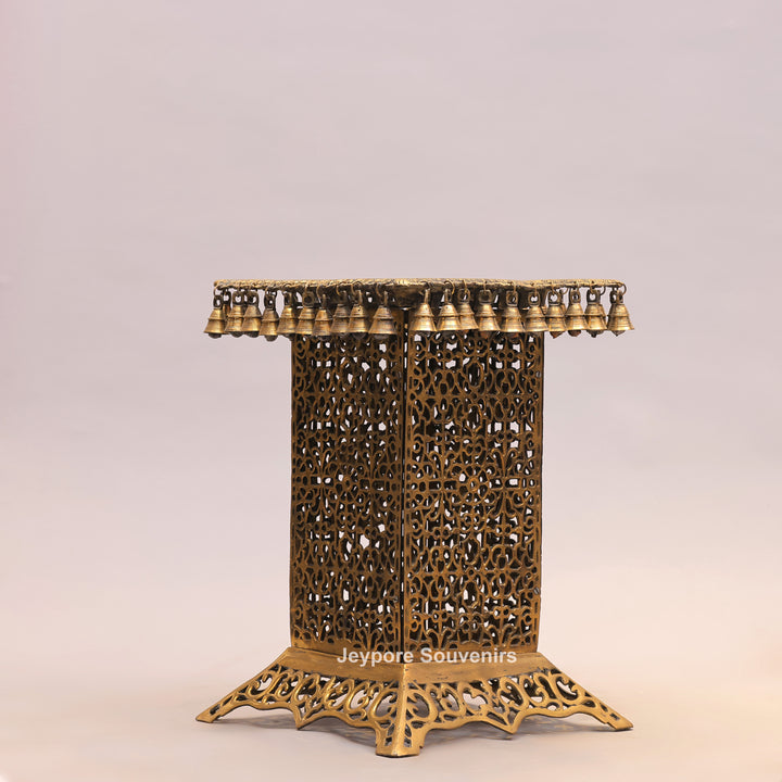 21" Handcrafted Brass Chowki Pedestal Stand with Hanging Bells