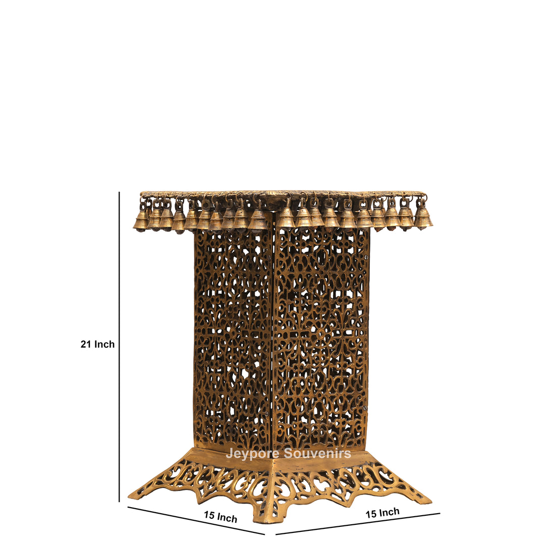 21" Handcrafted Brass Chowki Pedestal Stand with Hanging Bells