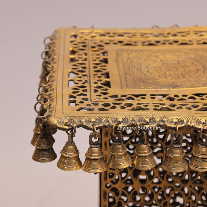 21" Handcrafted Brass Chowki Pedestal Stand with Hanging Bells