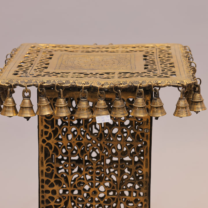 21" Handcrafted Brass Chowki Pedestal Stand with Hanging Bells