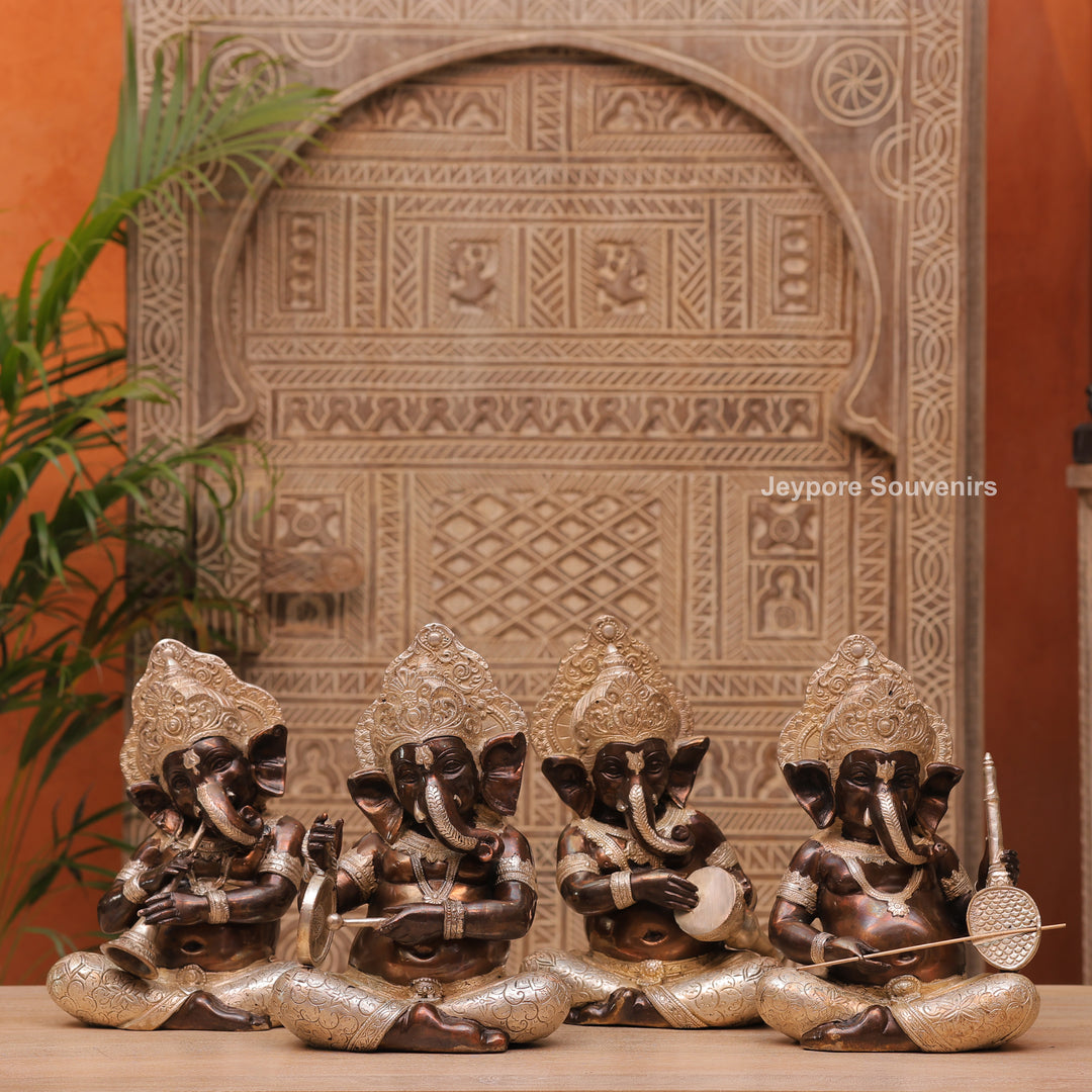12" Handcrafted Brass Instrumental Ganpati Statues  Set (4 Pieces)