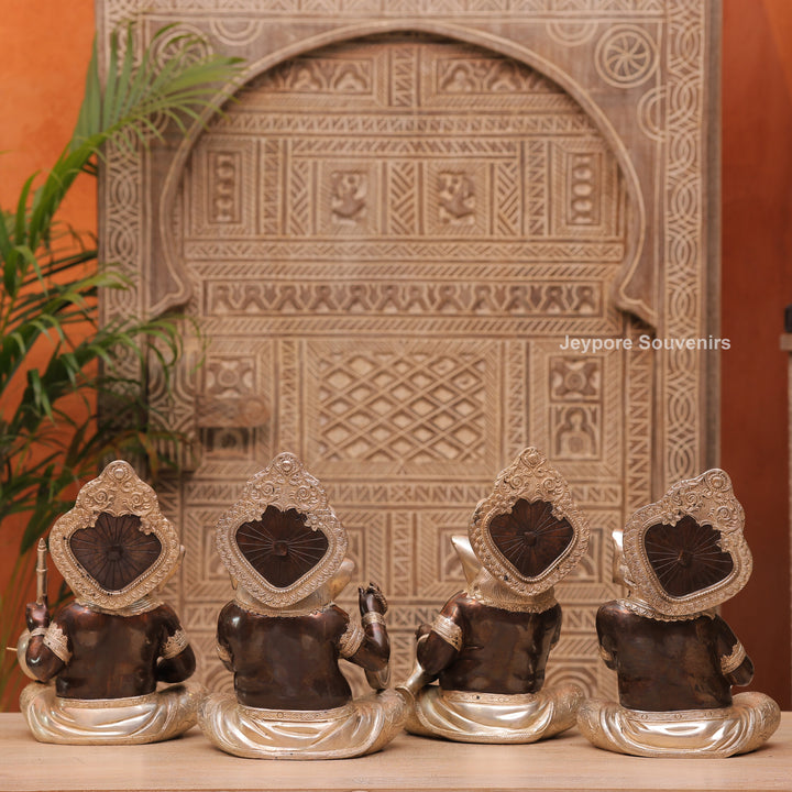 12" Handcrafted Brass Instrumental Ganpati Statues  Set (4 Pieces)
