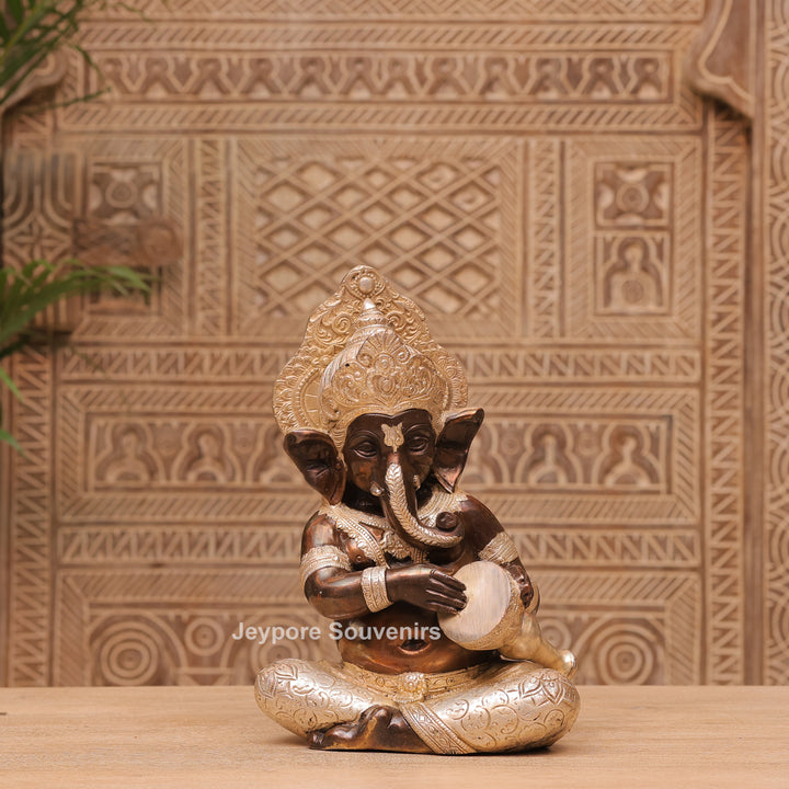 12" Handcrafted Brass Instrumental Ganpati Statues  Set (4 Pieces)