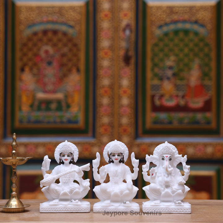 5" Pure White Marble Lakshmi Saraswati Ganesh Idol Set