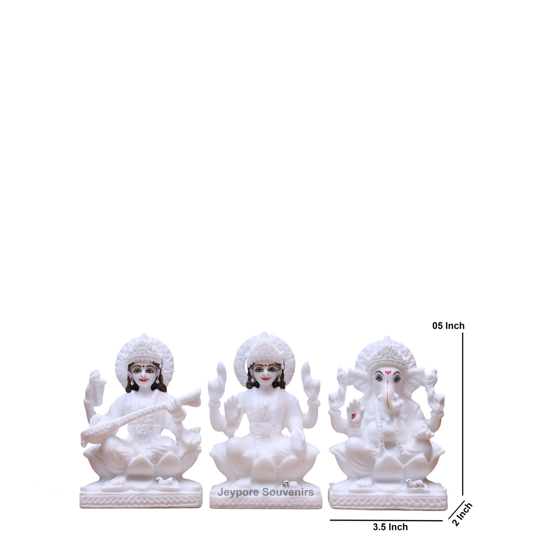 5" Pure White Marble Lakshmi Saraswati Ganesh Idol Set