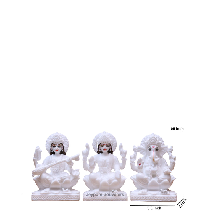 5" Pure White Marble Lakshmi Saraswati Ganesh Idol Set