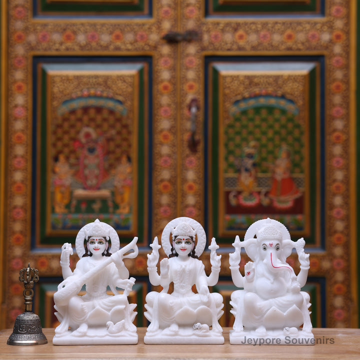 7" Pure White Marble Lakshmi Saraswati Ganesh Idol Set