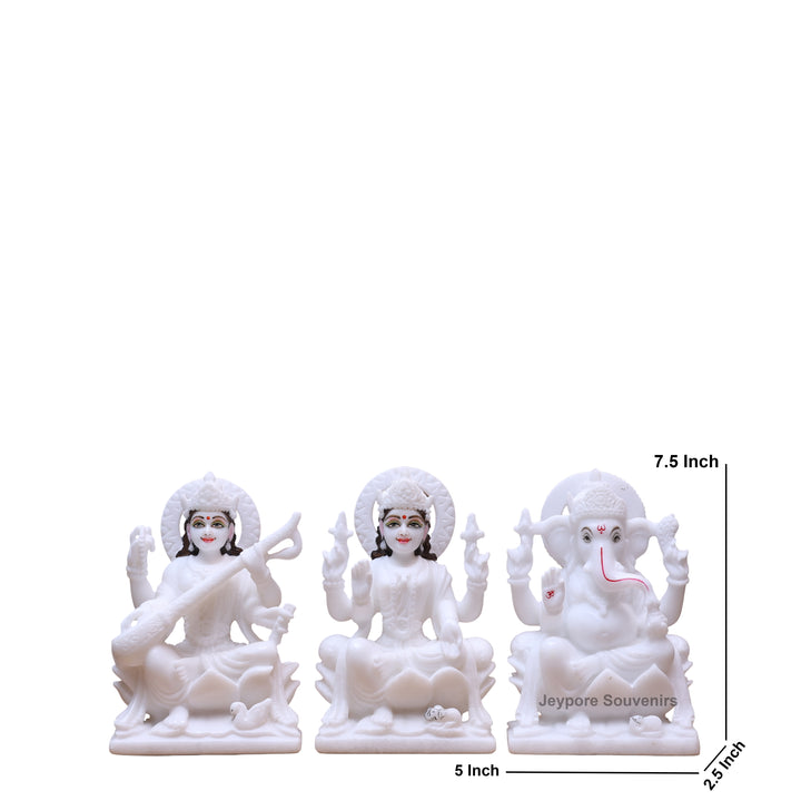 7" Pure White Marble Lakshmi Saraswati Ganesh Idol Set