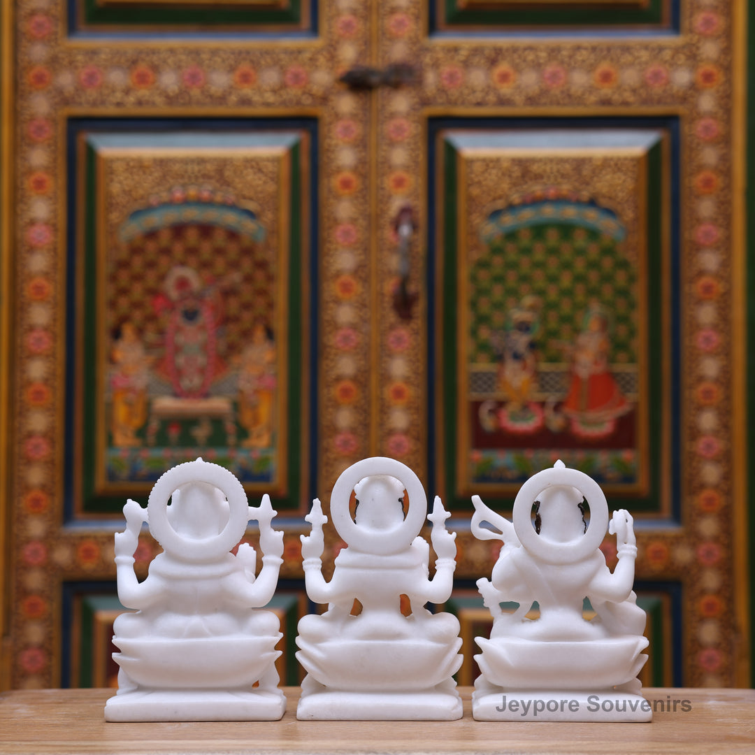 7" Pure White Marble Lakshmi Saraswati Ganesh Idol Set
