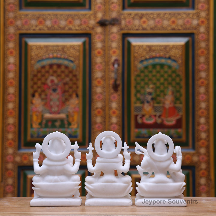 7" Pure White Marble Lakshmi Saraswati Ganesh Idol Set