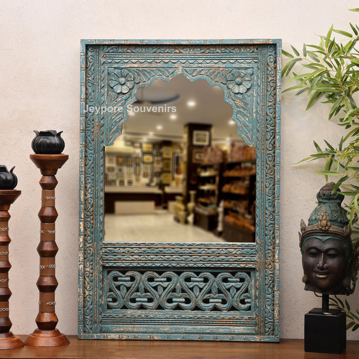 Vintage Blue Hand-Carved Wooden Jharokha Wall Mirror