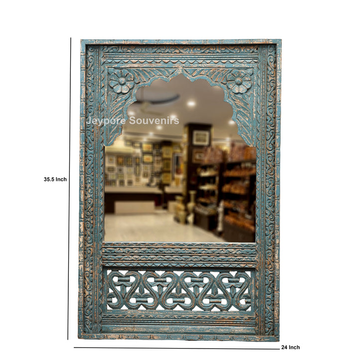 Vintage Blue Hand-Carved Wooden Jharokha Wall Mirror