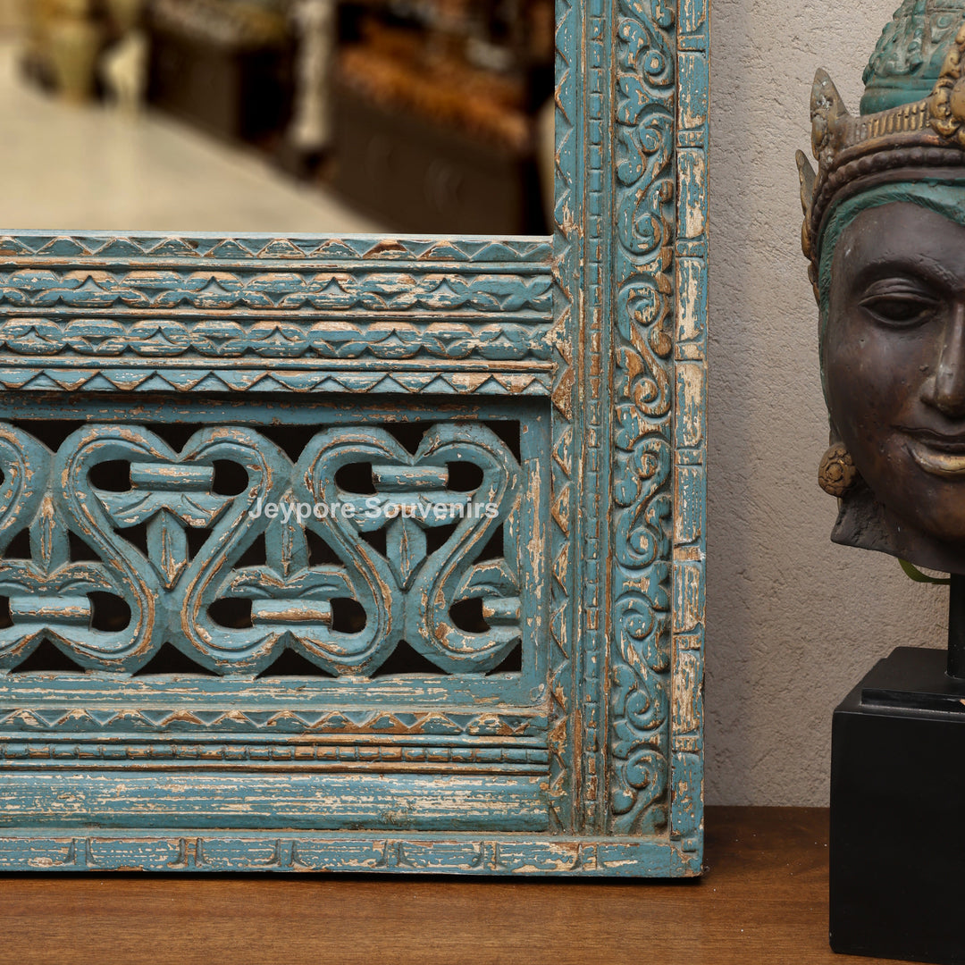 Vintage Blue Hand-Carved Wooden Jharokha Wall Mirror