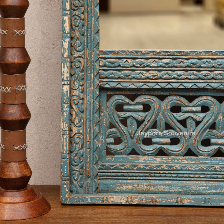 Vintage Blue Hand-Carved Wooden Jharokha Wall Mirror