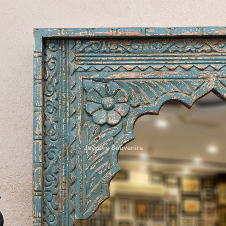 Vintage Blue Hand-Carved Wooden Jharokha Wall Mirror