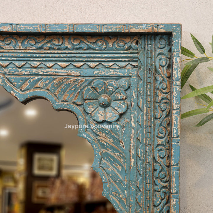 Vintage Blue Hand-Carved Wooden Jharokha Wall Mirror