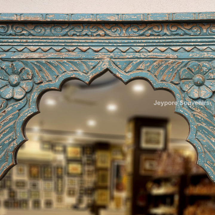 Vintage Blue Hand-Carved Wooden Jharokha Wall Mirror