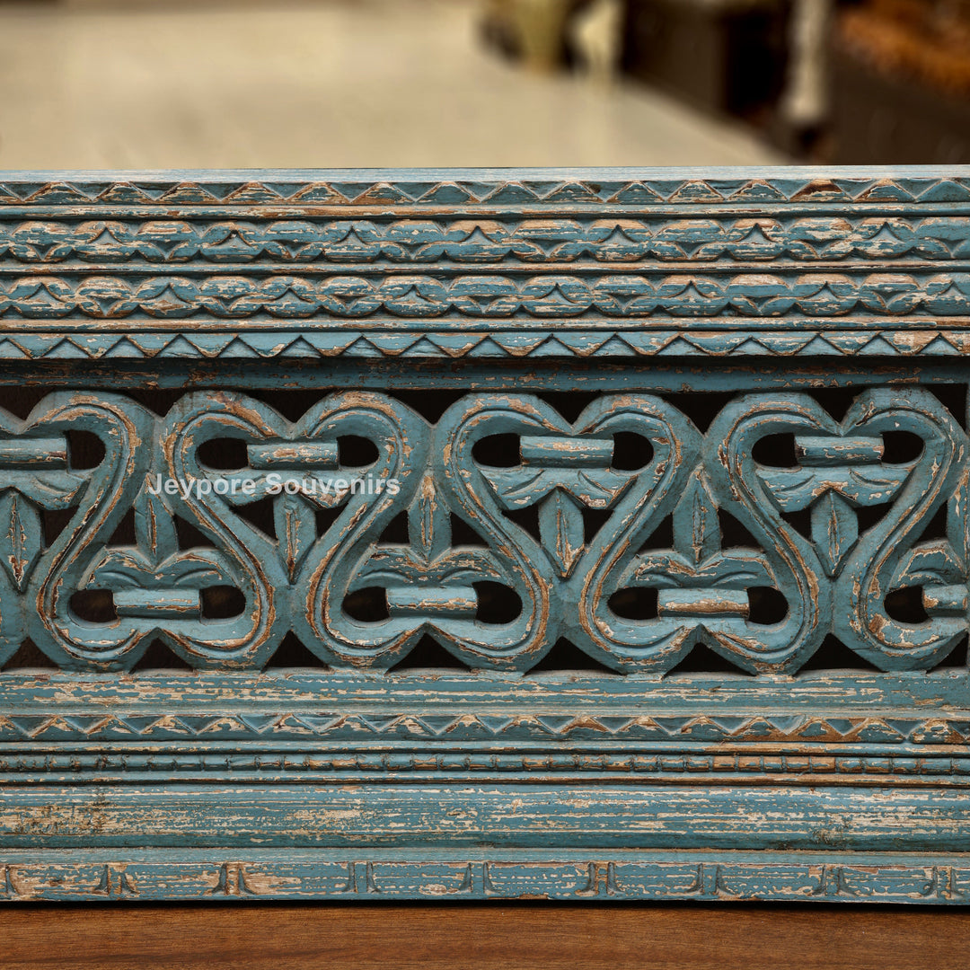Vintage Blue Hand-Carved Wooden Jharokha Wall Mirror
