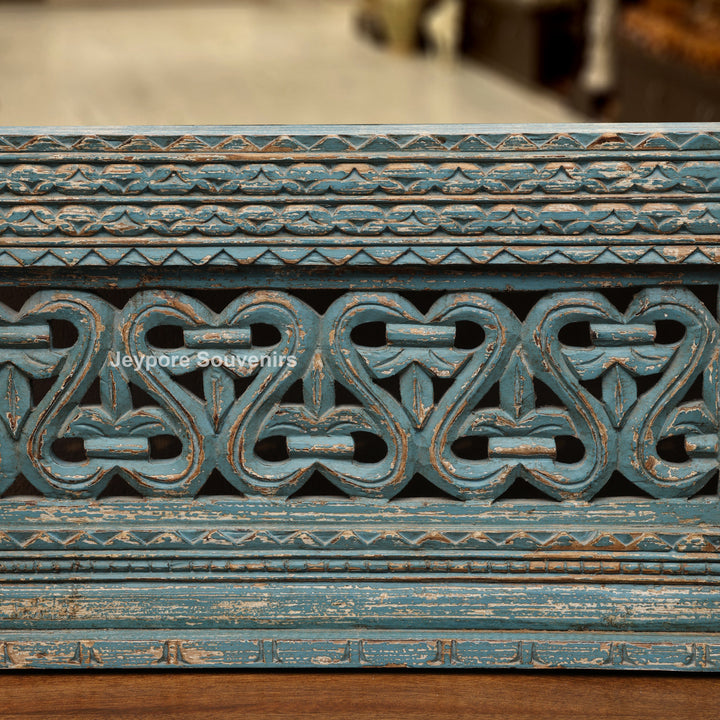 Vintage Blue Hand-Carved Wooden Jharokha Wall Mirror