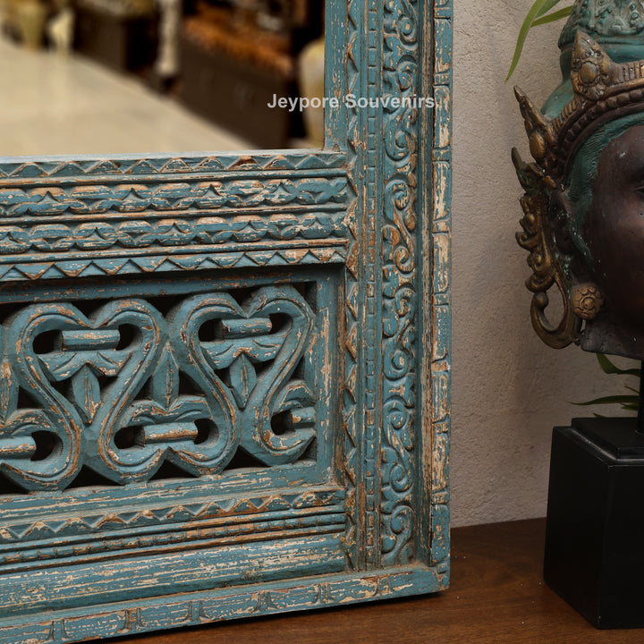 Vintage Blue Hand-Carved Wooden Jharokha Wall Mirror