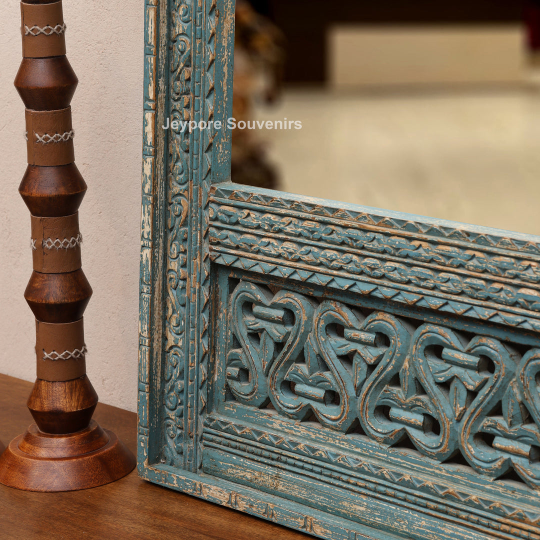 Vintage Blue Hand-Carved Wooden Jharokha Wall Mirror