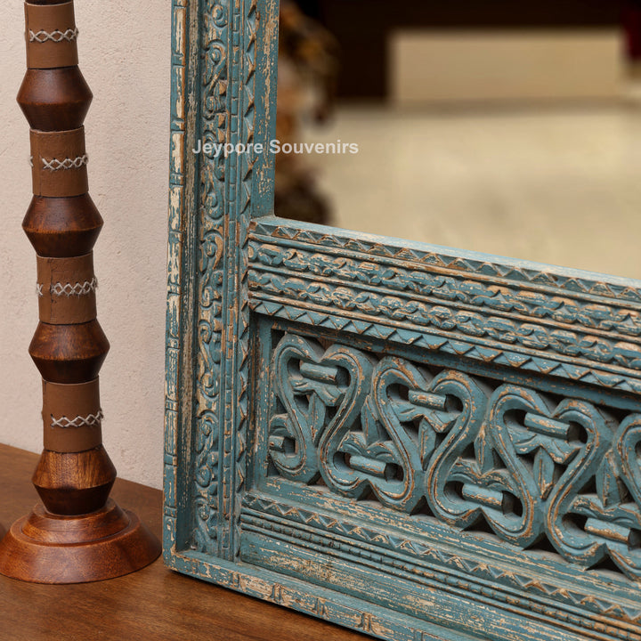 Vintage Blue Hand-Carved Wooden Jharokha Wall Mirror