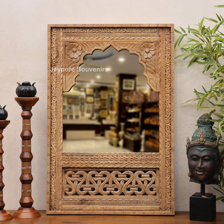 Handcarved Wooden Indian Heritage Jharokha Wall Mirror