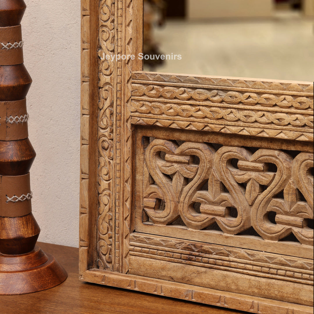 Handcarved Wooden Indian Heritage Jharokha Wall Mirror